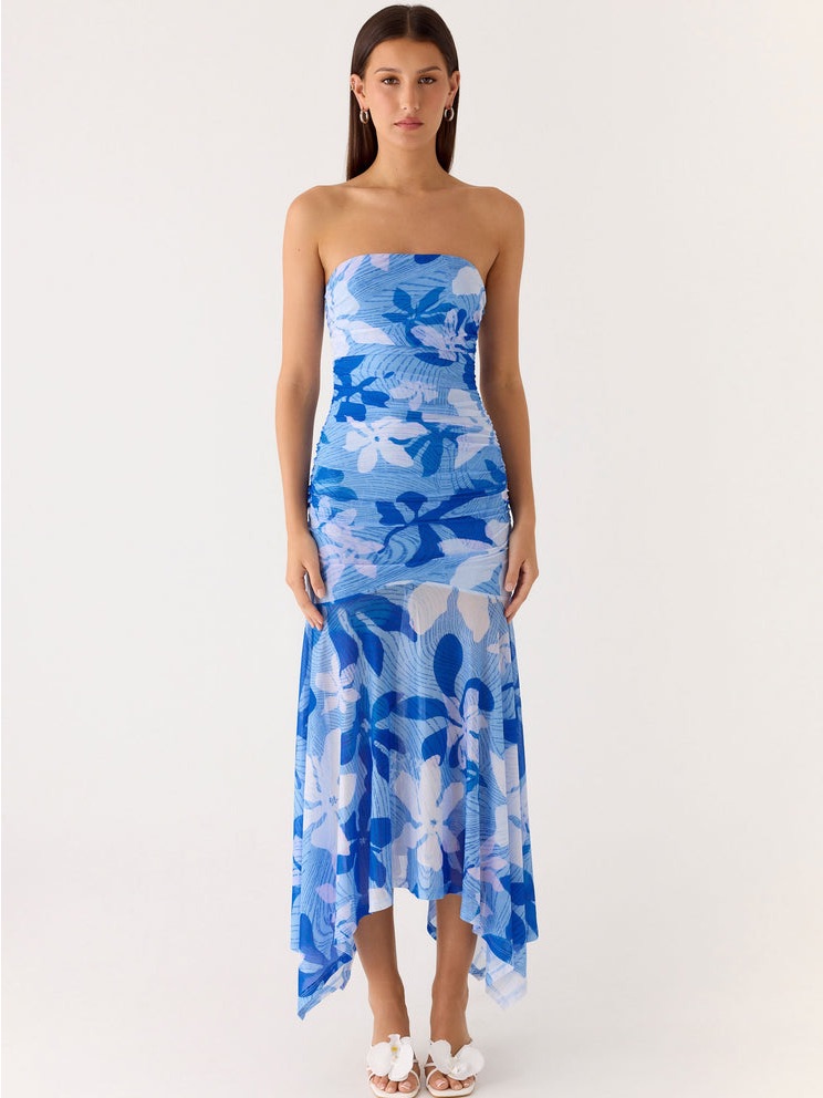 Peopermayo Tropical Floral Lo Siento Midi Dress - Indigo Garden